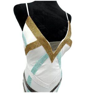 Jovani Slip Dress Gown Womens 4 Maxi Beaded Embellished White Gold Prom Backless